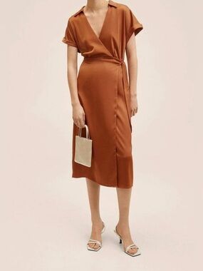 MNG by Mango satin midi wrap dress orange brow size 2